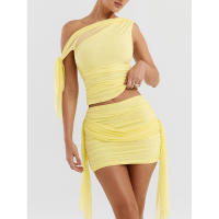 Conjunto de dos piezas informal de moda para mujer, gran venta 2024, falda corta ajustada fruncida sexy con parches de malla - details 0