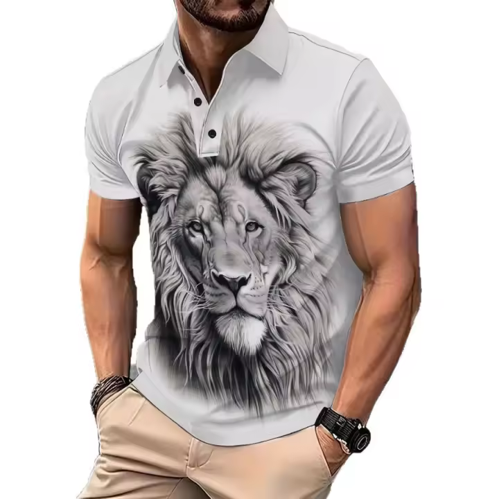 POLO de manga corta con solapa para hombre, estampado de león animal de verano, informal diario - 1