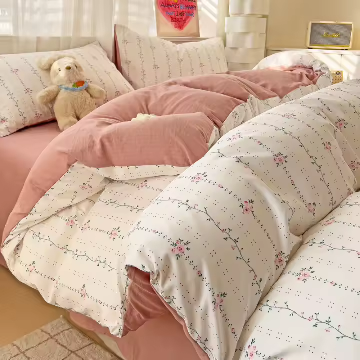 Juego de cama: Sábana ajustable de algodón lavado puro de cuatro piezas, funda de edredón, juego de tres piezas de cama individual para dormitorio de estudiantes: Sábana, funda - 1