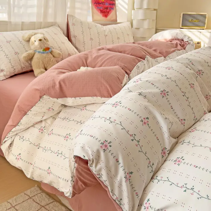 Juego de cama: Sábana ajustable de algodón lavado puro de cuatro piezas, funda de edredón, juego de tres piezas de cama individual para dormitorio de estudiantes: Sábana, funda - 1
