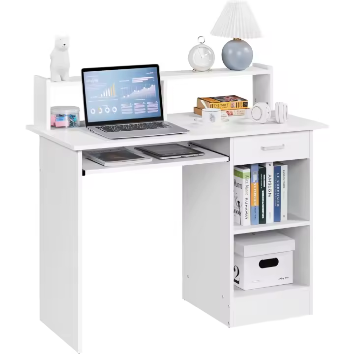 Mesa Escritorio Blanca Mesa de Ordenador con Cajones Escritorio de Oficina con Soporte de Monitor Mesa PC para Despacho 106x50x94cm - 1