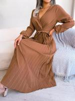 Vestido largo plisado con dobladillo grande para mujer, vestido cruzado de Color liso con cuello en V, moda de primavera y verano - details 4