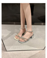 Diamante de imitación francés con sandalias de tacón alto gruesas con punta abierta zapatos de boda para mujer verano - details 2