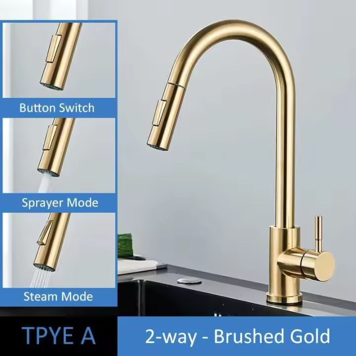 Quyanre Oro pulido extraíble fregadero agua grifo mezclador de una sola manija grifo de ducha de cocina con rotación de 360 ​​grados - 1