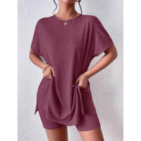 Conjunto de Dos Piezas Cómodo de Color Sólido Manga de Bato, Cuello Redondo, Shorts Ajustados para Mujeres - details 21
