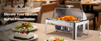 SucceBuy Juego de buffet con plato enrollable, chafer de acero inoxidable de 9 cuartos con sartén, calentador rectangular para catering con tapa, soporte y soporte para combustible, plateado - details 0