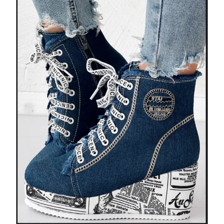 Zapatos de lona de talla grande para mujer, tacón de cuña, versátiles, punta redonda, transpirables, individuales - 1