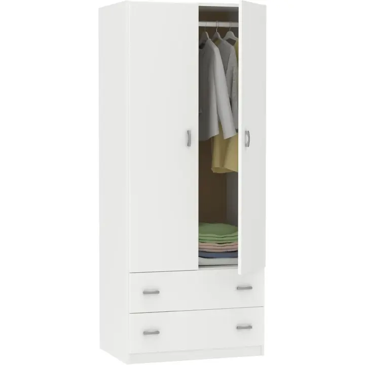 Armario Dormitorio Ropero 2 Puertas 2 Cajones, Blanco, 180x74x50 cm(Alto x Ancho x Fondo), - 1