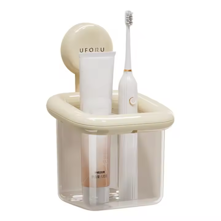Estante de almacenamiento de cepillos de dientes de plástico, caja de almacenamiento multifuncional sin perforación, ahorro de espacio, estante de baño montado en la pared para el hogar - 1