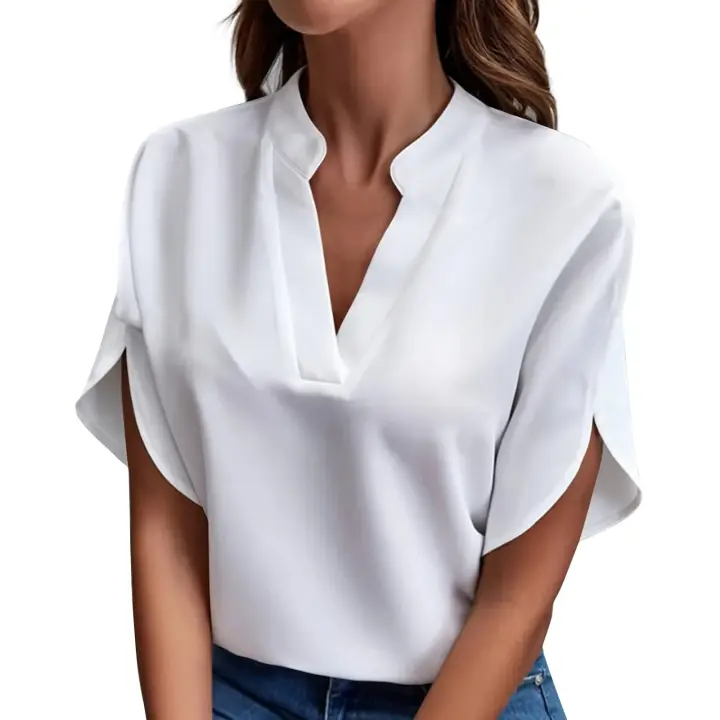 Elegante Blusa de Verano para Mujer Manga Corta, Cuello en V, Camisa Suelta, Moda 2024 - 1