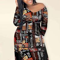 Vestidos largos de punto con bolsillo y manga larga con cuello en V y estampado africano marrón informal diario de talla grande para primavera y verano - details 1