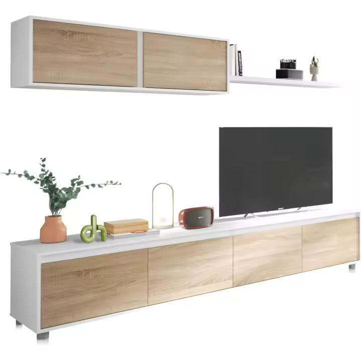 Conjunto Reversible de Salón, Mueble de TV, Módulos de Comedor, Modelo Arlet, Acabado en Blanco Artik y Roble Canadiense, Medidas: 200 cm (Largo) x 41 cm (Fondo) 43 cm (Alto) - 1