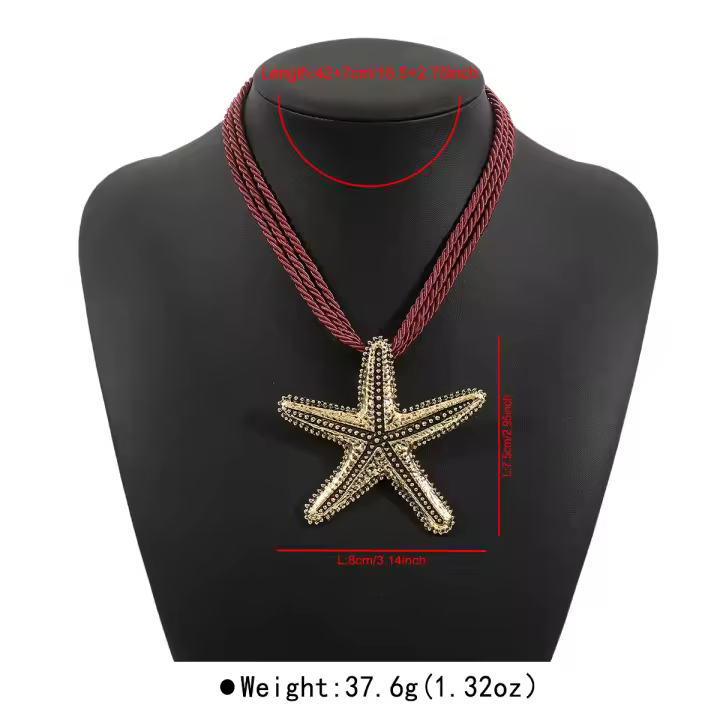 Textura de aleación de moda estrella de mar pendientes de botón collar personalizado playa vacaciones viento rojo cuerda accesorios - 1