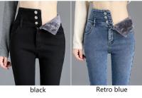 Pantalones vaqueros térmicos de lana gruesa para mujer, Vaqueros ajustados cálidos de cintura alta, pantalones pitillo con botones elásticos, pantalones vaqueros informales de terciopelo para mamá - details 3