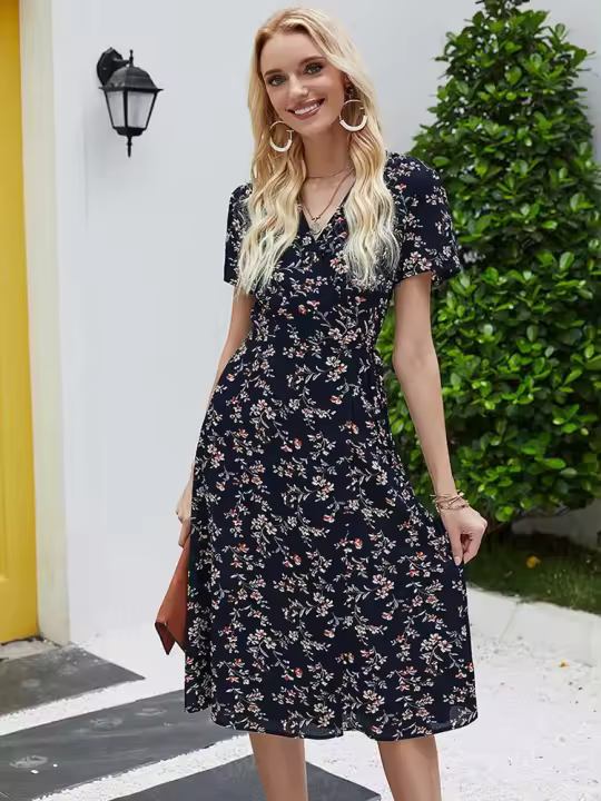 Elegante vestido de fiesta en la playa Serie A de manga corta, cuello en V bohemio, estampado floral de verano adecuado para mujeres - 1