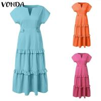 VONDA, vestido con volantes para mujer, verano 2025, vestido veraniego de Color sólido, Vestidos de playa con cuello en V, bata holgada informal bohemia de gran tamaño - details 4