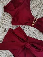 Conjunto de bikini con escote en V y volantes, traje de baño de dos piezas con cintura alta y corte alto en color sólido - details 2
