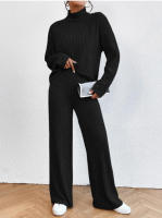 Pantalones sueltos casuales de punto con cuello alto y manga larga para mujer, suéter de dos piezas, - details 8
