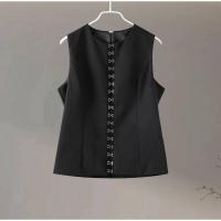 Conjunto de Chaleco sin Mangas para Mujer Cintura Alta, Pantalones Rectos, Botones de Metal, Cuello Cuadrado Moda de Alta Calidad - details 0