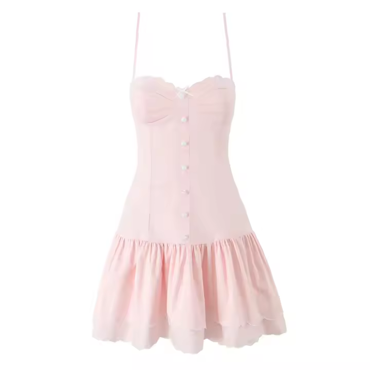 PB & ZA2025 dulce temperamento simple ajustado vestido con tirantes decorado con botones Falda corta novedad de verano ropa de mujer - 1