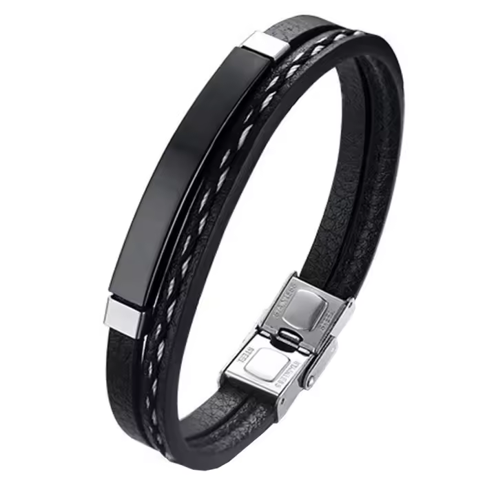 Pulsera de cuero pu y acero inoxidable para hombre, brazalete vikingo chico negra combinable con anillo colgante o tobillera muñequera personalizable - 1