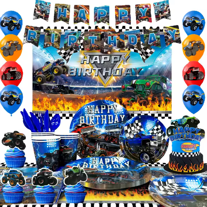 Kit de Decoración de Fiesta de Cumpleaños de Camión Monstruo 112pcs Platos, Servilletas, Banner, Fondo de Fiesta Decoraciones de Fiesta y Holiday DIY - 1