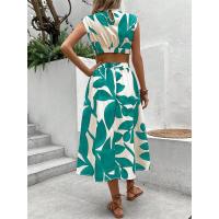 Vestido largo de mujer con estampado floral de plantas, cuello redondo, manga corta y cintura alta para el verano de 2024 - details 16