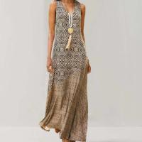 Vestido femenino informal de playa holgado con dobladillo ancho y cuello en V sin mangas estilo bohemio Vintage con estampado geométrico para mujer - details 9