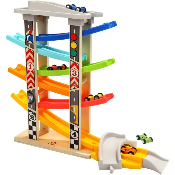 Wooden Car Ramp Toddler Toys for 1 2 Year Old Boy Race Track, Race Car Ramp for One Two Year Old with 6 Mini Cars - 1