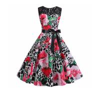 Lace patchwork floral print women summer 50s 60s elegant dress - details 46