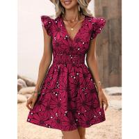 Vestido estampado con cuello en V a la moda, Mini Vestidos con mangas de pétalo para mujer, vestido acampanado para fiesta de verano - details 1