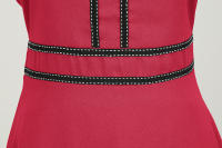 Solid women summer elegant short sleeve stand collar vintage a-line midi long party dress - details 16
