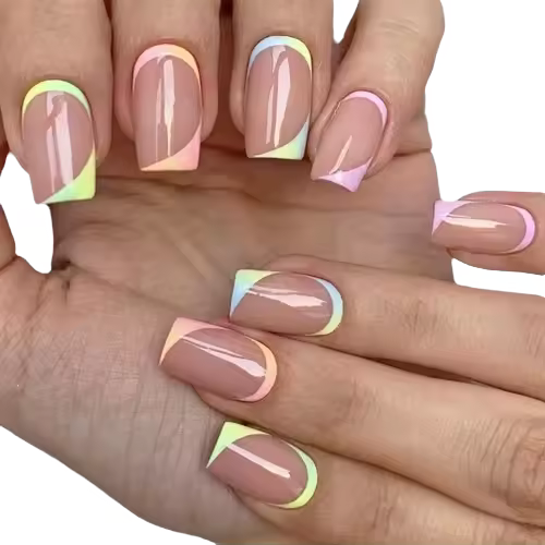 Uñas postizas cuadradas Cortas, 24 unidades, onuladas, acrílicas, cobertura total, con pegamento para Mujeres y niñas (degradado Francés multicolor),Imagen para un sistema - 1