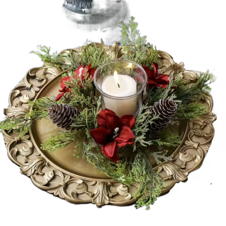 Corona de velas de flores artificiales, piña, 25CM, anillos de vela, suministros para fiestas, candelabro de hoja verde, corona, decoración navideña - 1