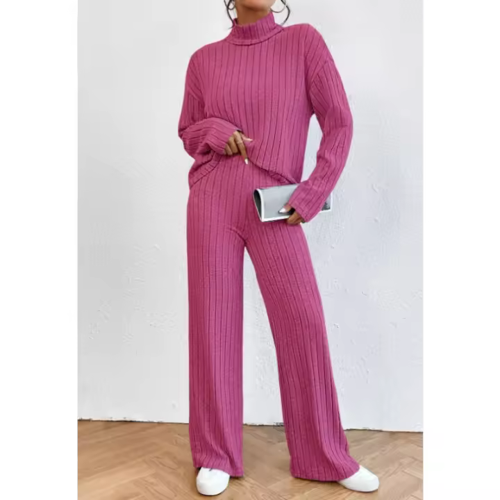 Traje de punto de manga larga con cuello alto para mujer, suéter informal, pantalones sueltos, traje de dos piezas, Otoño e Invierno - 1