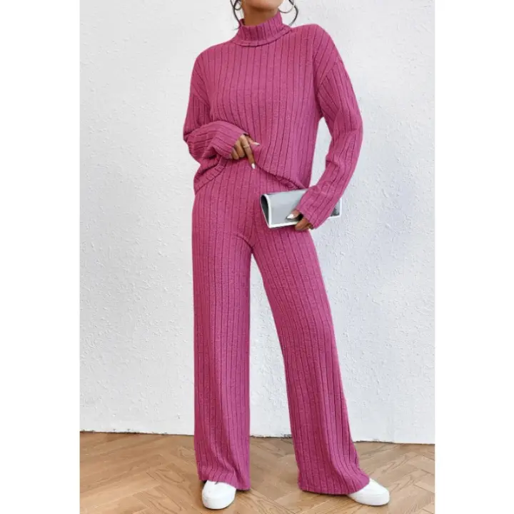 Pantalones sueltos casuales de punto con cuello alto y manga larga para mujer, suéter de dos piezas, - 1