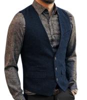 Chaleco de traje para hombre, chaleco azul de mezcla de lana con una hilera de botones, chaleco vaquero, chaqueta ajustada informal Formal de negocios - details 1
