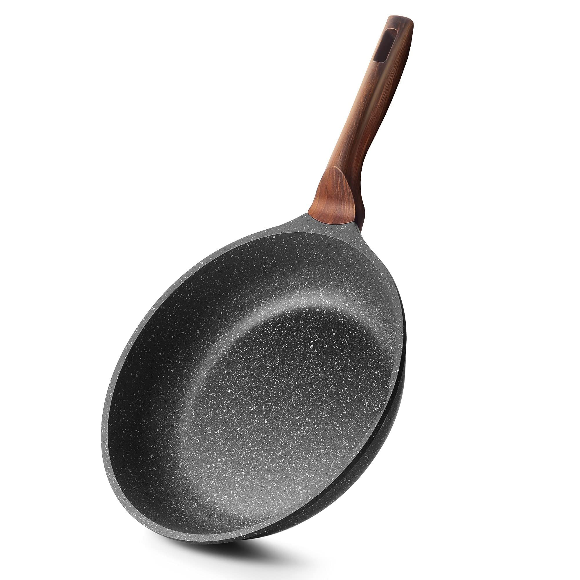 RIOVARM 20 cm Antiadherente Sartenes para freír, Inducción Sartén para Tortilla sin PFOA, Granito Sartenes para huevos con mango de baquelita Woodgrain, Mármol Sartén de piedra, Apta para Gas