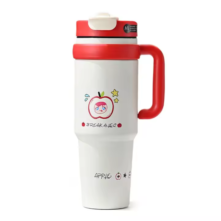 Taza de vacío de dibujos animados de 1000ML con tapa y pajita, vaso aislado de acero inoxidable 316 con asa, botella de agua térmica de regalo - 1