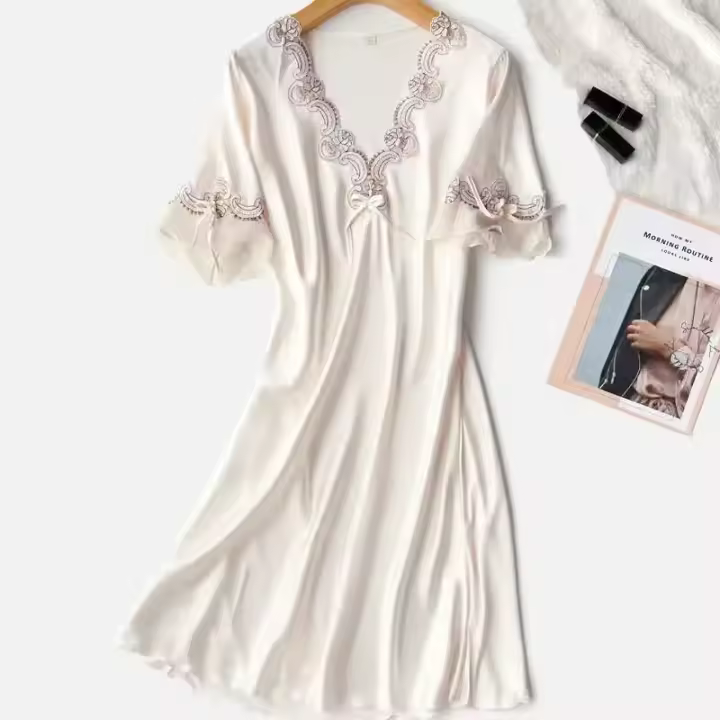 Camisón sexy con cuello en V para mujer, ropa de dormir de encaje de manga larga, lencería larga e íntima para verano y primavera - 1