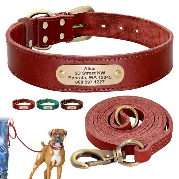 Collar cuero personalizado mascota collares suaves perro etiqueta de identificación grabada para perros grandes Pitubull Pastor - 1