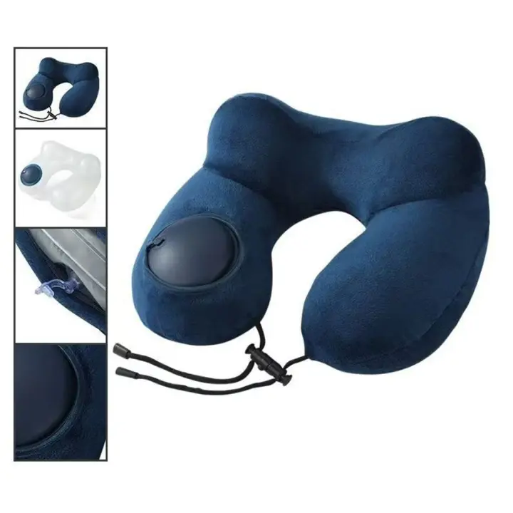 Almohada de viaje inflable en forma de U, prensa de mano suave para inflar la almohada, plegable con bolsa de almacenamiento, cojín de soporte para el cuello - 1
