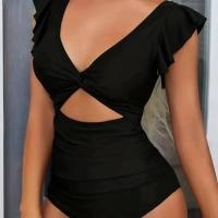Traje de baño de malla de contraste de una pieza, traje de baño de control de barriga sin espalda de color sólido con cuello en V de corte alto y ropa para mujer - details 1