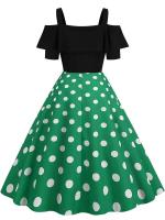 Vestido de fiesta Vintage elegante con hombros descubiertos, vestidos Midi de verano con lunares y volantes para mujer - details 2