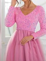 Elegante Vestido de Terciopelo con Lentejuelas Cuello en V, Manga Larga, Red de Cetín, Azul Cielo y Rosa, Perfecto para Fiestas - details 17