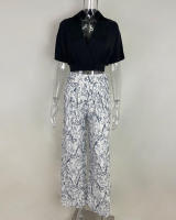 Conjunto de moda de otoño con camisa de cuello en V y pantalones anchos estampados - details 11