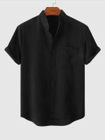 2024 Camisas de algodón para hombres, ropa de calle con textura de lino sólido, blusas de manga corta de verano, tops casuales con bolsillo frontal - details 1