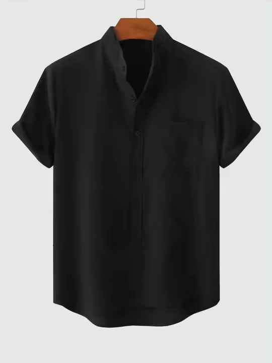 2024 Camisas de algodón para hombres, ropa de calle con textura de lino sólido, blusas de manga corta de verano, tops casuales con bolsillo frontal - 1