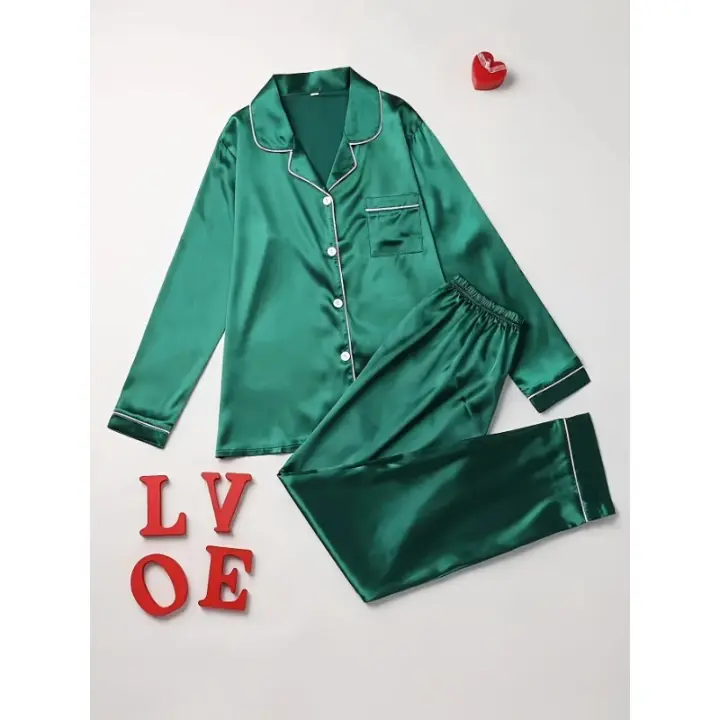 Tiendas Conjunto De Pijama Liso Para Mujer, Ropa De Dormir Y De Estar Por Casa, Top De Manga Larga Con Botones Y Pantalones De Solapa - 1