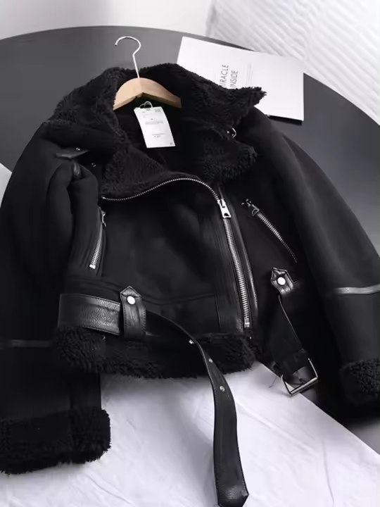 Chaqueta gruesa y cálida de piel de oveja para mujer, abrigo corto marrón para motocicleta, chaquetas de piel de oveja sintética, prendas de vestir de invierno - 1